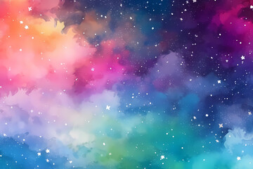 Wall Mural - Colorful purple and blue watercolor space background. View of universe with copy space. Nebula illustration.