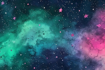 Wall Mural - Emerald green and navy watercolor space background. View of universe with copy space. Nebula illustration.