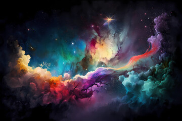 Wall Mural - Purple, orange and pink watercolor galaxy background with stars. View of universe with copy space. Nebula illustration.