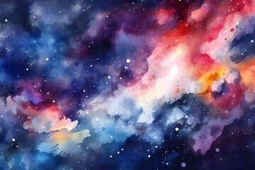 Wall Mural - Purple and blue watercolor galaxy background with stars. View of universe with copy space. Nebula illustration.