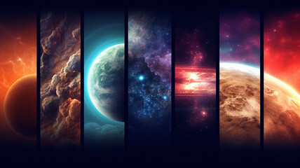 Wall Mural - collage, galaxy and space planets in dark sky of astrology, universe and nebula cosmos for science r