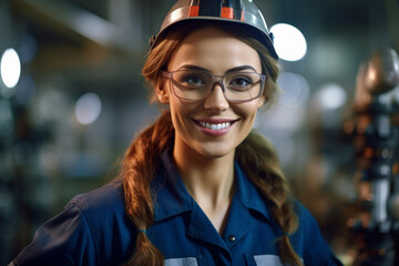 Wall Mural - Portrait of a smiling female engineer at an oil refinery