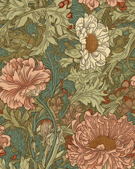  Seamless pattern with beautiful flowers in neutral pastel colors, generative ai