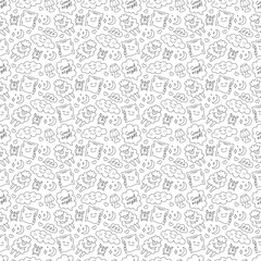 Seamless pattern with things about bedtime. Doodle black and white vector illustration.