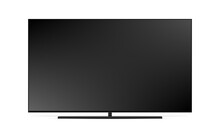 Realistic Illustration Of Black TV With Stand. 4K Flat Screen Lcd Or Oled, Plasma