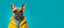 A Portrait Of A Funky Boston Terrier Dog Wearing Sunglasses, Yellow Leather Biker Jacket And Blue Tie On A Seamless Blue Background, Copy Space For Text, Banner. Generative AI Technology