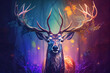 illustration of magic deer in neon night forest. AI