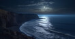 Moon, mountains and sea water at night in landscape, nature view and travel peace in late evening. Ai generated, dark sky and planet view with moonlight, ocean and waves by earth hills or cliff beach