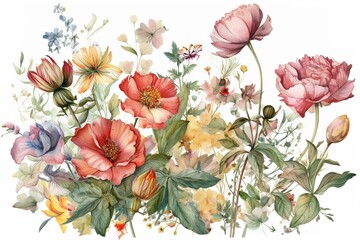 Poster - watercolor flowers isolated on white background. Generated by AI.