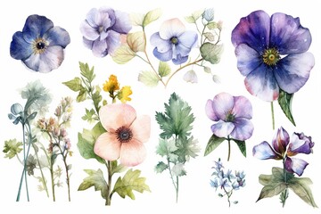 Poster - watercolor flowers isolated on white background. Generated by AI.