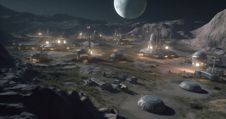 Wall Mural - moon, buildings and futuristic architecture in space for science research, astronomy and galaxy expl
