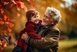 uncle and nephew hugging in autumn park, Generative Ai