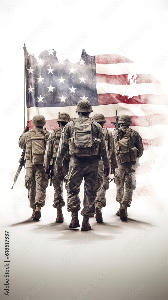 American Flag concept art with soldiers, matte, white background ...