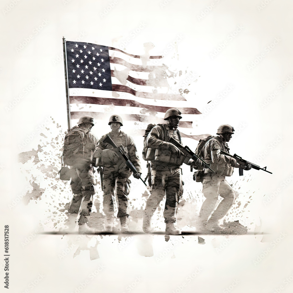 American Flag concept art with soldiers, matte, white background ...
