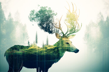 deer and green forest double exposure. Generative AI