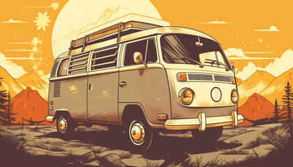 Vintage van for camping and travel in the background of a mountain landscape on sunset, AI generated