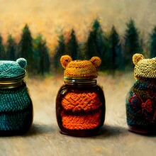 Three Bears Knitted Fairytale Honey Jar At The Woods Detailed Vivid Colors 8k High Resolution 