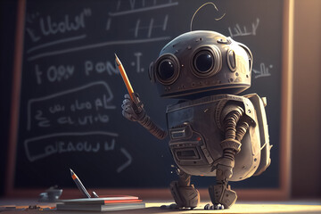 illustration of future education classroom with robotic tech teacher . AI