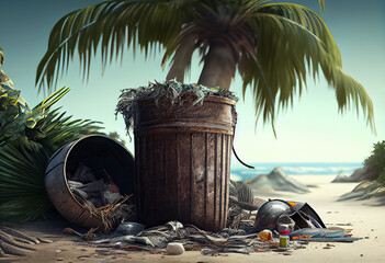 Wall Mural - illustration of trash bin full of garbage in tropical bech under palmtree. ai