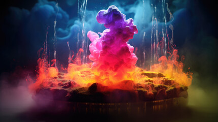 Wall Mural - abstract colourful  pink smoke emanating from a smouldering set of rocks with a blue misty cloud background.