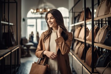 Wall Mural - Happy woman shopping, a woman with a radiant smile browsing through a high-end fashion boutique filled with designer clothes, shoes, and accessories, AI generated