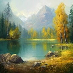  high mountain lake in the forest near the mountains. beauty of nature generative ai,