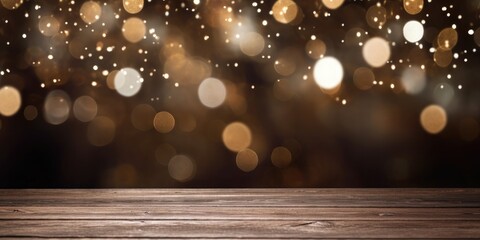 Wooden board with bokeh background. Glimmer Lights. Generative AI.