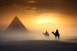 Camels on a blurred background of a pyramid in the desert.