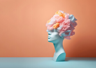 A sculpture in the shape of a pastel blue head with colorful floral or fabric hair stands next to a large cup of coffee space in the form of a two-tone pastel studio background. Generative AI.