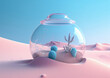 © Popovo - Surreal scene with a large round aquarium full of fish in the midst of a desert of pastel colors. Generative AI.