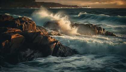 Poster - Breaking waves spray rocky coastline at sunset generated by AI