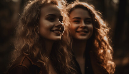 Two young women embrace, smiling with joy generated by AI