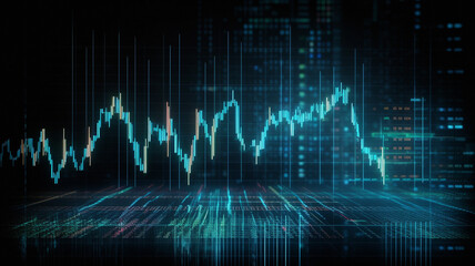 Graph, chart and future hologram of stock market, financial management and investment profit tracking. Ai generated, data and analysis on dark screen for cryptocurrency, banking and forex trading