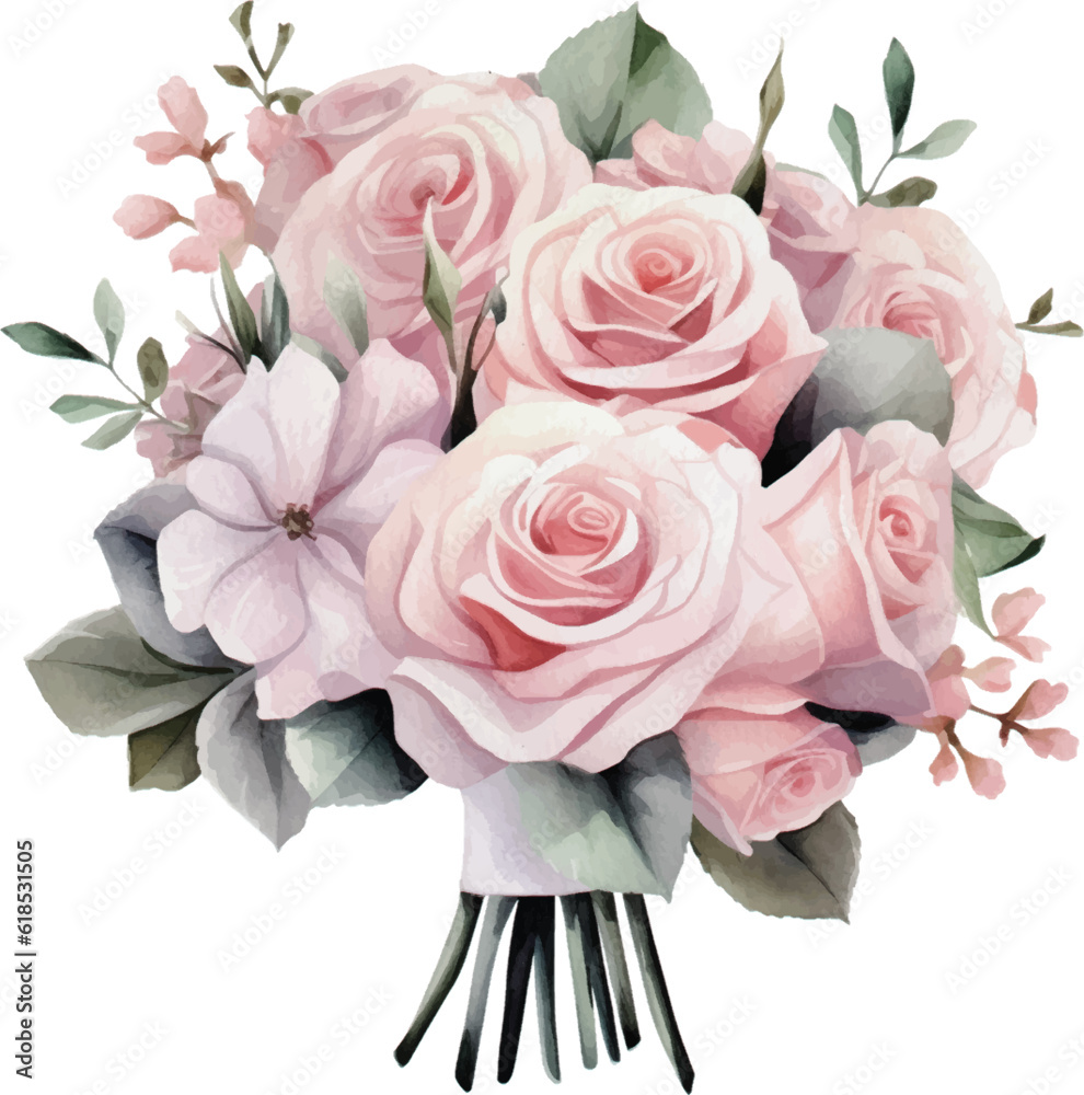 Watercolor Romantic Pink Rose Flowers Bouquet. Isolated Wedding Clipart ...