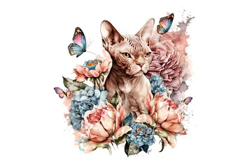 Wall Mural - Canadian Sphynx cat with butterflies and flowers painted with colored watercolors isolated on a white background. AI generated