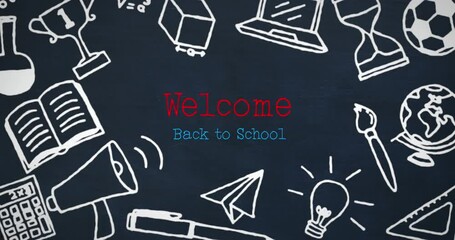 Poster - Animation of multiple icons around back to school text against abstract background