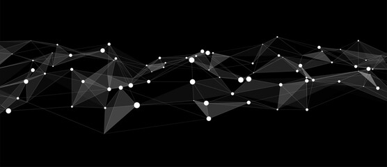 Poster - Dynamic wave of particles and lines. Abstract futuristic background. Big data visualization. Vector illustration.