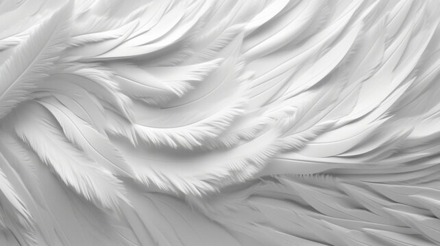 Closeup, white and feathers background for peace, calm and spirituality for God, religion and hope. Ai generated, feather and bird plumage for creative banner, texture or detail space for angel faith