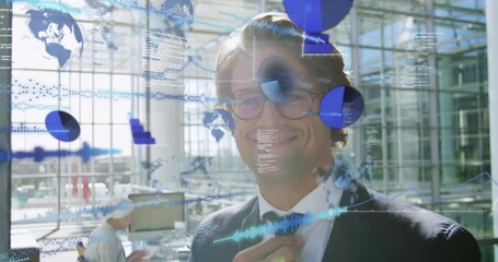 Poster - Animation of graphs, globes and computer language, smiling caucasian man adjusting tie in office