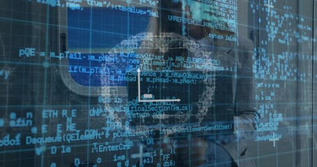 Poster - Animation of graph over computer language, human brain, caucasian businesswoman working on laptop