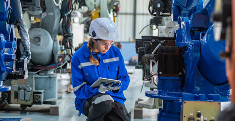 woman engineer in uniform helmet inspection check control heavy machine robot arm construction insta