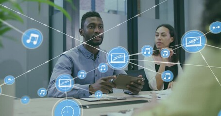 Poster - Animation of connected icons, diverse coworkers discussing and shaking hands in meeting at office