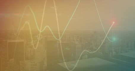 Poster - Animation of illuminated graphs over modern cityscape against sky in background