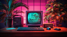 Vintage Computer With CRT Monitor From 80s Or 90s And Neon Colors Lights