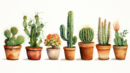 Wall Mural - Watercolor illustration of Cacti in Terracotta Pots isolated on white background