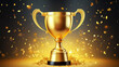 © Keitma - Winner banner illustration , Gold realistic trophy cup with confetti background.