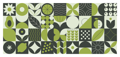 Geometric eco green pattern. Abstract food fruit plant simple shapes, minimal natural agriculture banner. Vector design