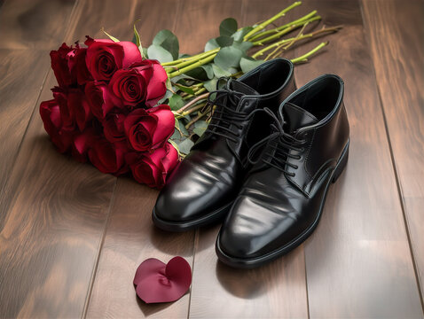 preparation for the wedding, black shoes and red roses on the parquet