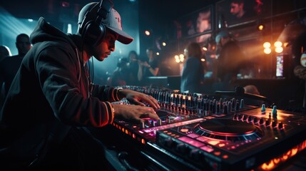 Close up of DJ hands on dj console mixer during concert in the night club, Having fun with fans in club during night time.