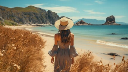 Wall Mural - Woman enjoying with wonderful view of beach.